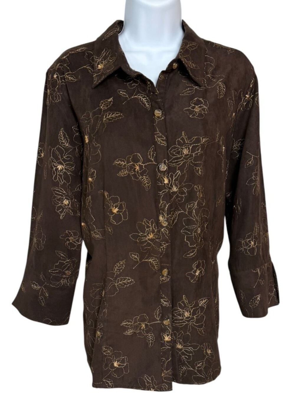 Sag Harbor Brown Faux Suede Floral Embroidered Button Down Blouse L